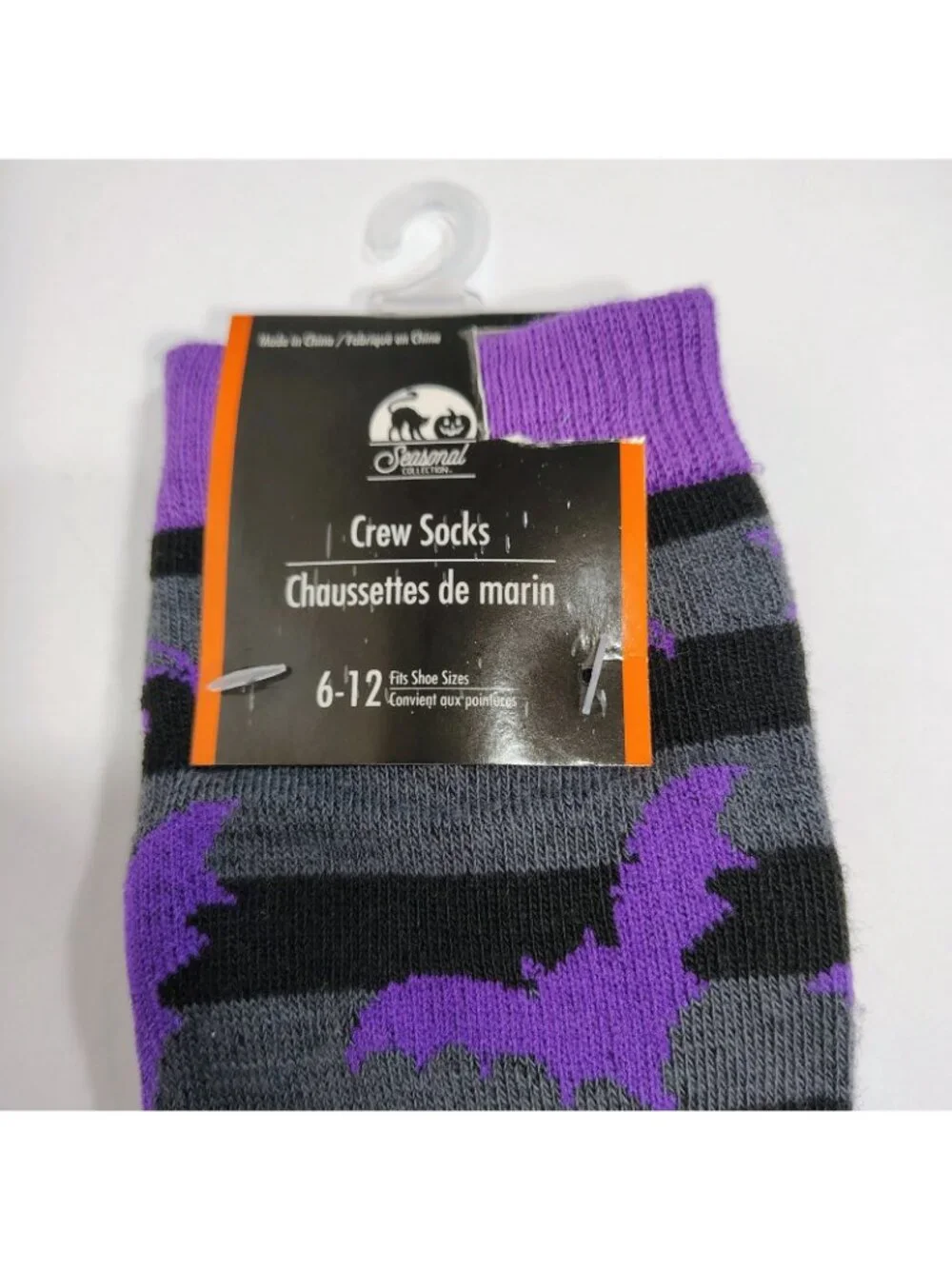 Halloween Crew Socks Womens Size 6-12 Black Purple Grey Striped Bat Pattern